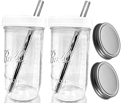 2 Angled-Tip Reusable Stainless Steel Boba Straws and Cleaning Brush CAMPFY Reusable Boba Bubble Tea & Smoothie Cups 2 Wide Mouth Ball Mason Jars 32oz with Bamboo Lids 